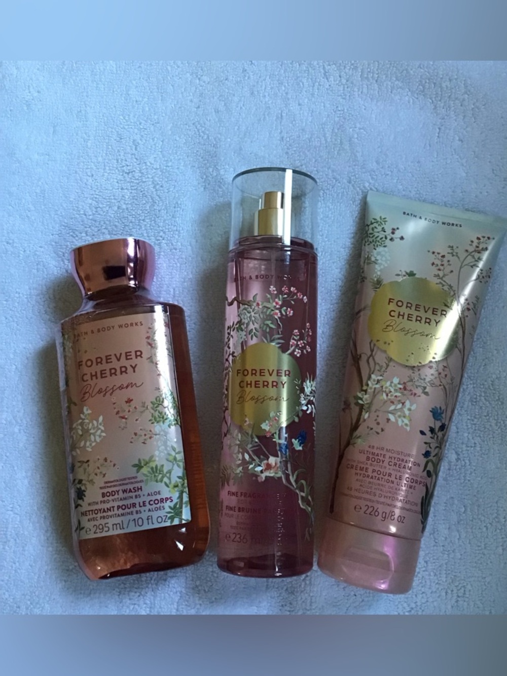 Bath & Body Works Forever Cherry Blossom bundle; mist, body wash & cream